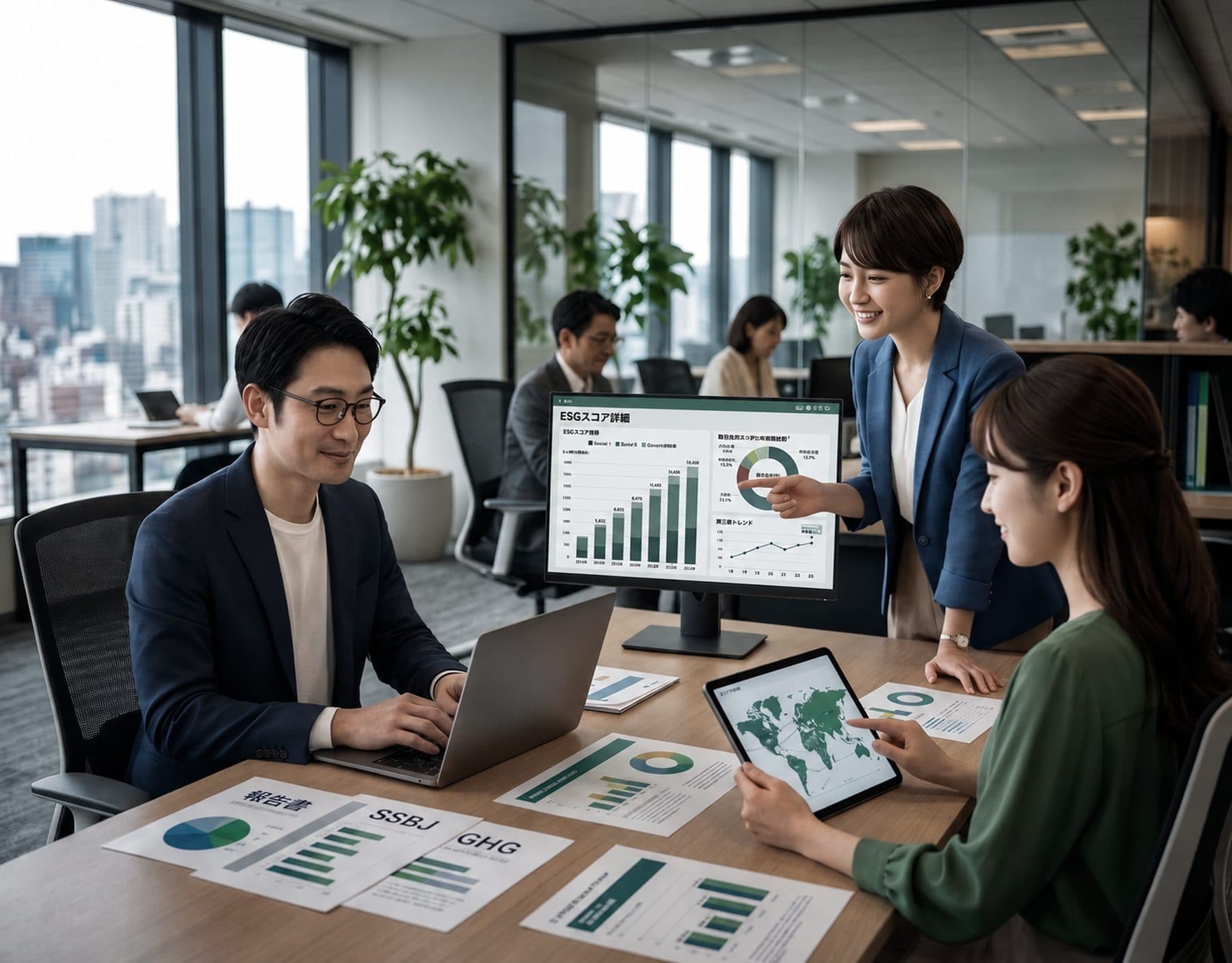 オフィスでESG・GHG開示データを確認するサステナビリティ担当チーム
